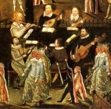 A painting showing a broken consort of instruments.